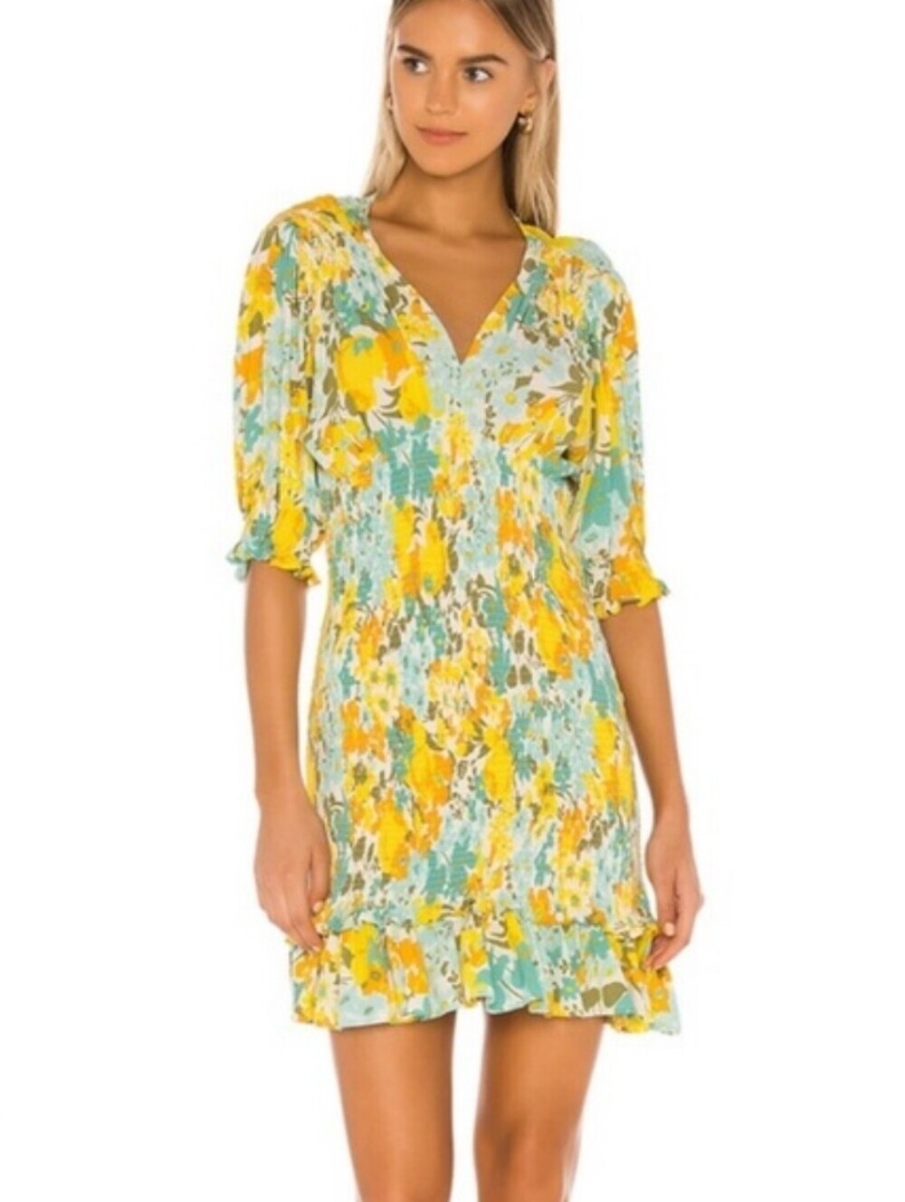 NWT Faithfull The Brand Margherita Floral Smocked Mini Dress Boho Vibrant V-neck